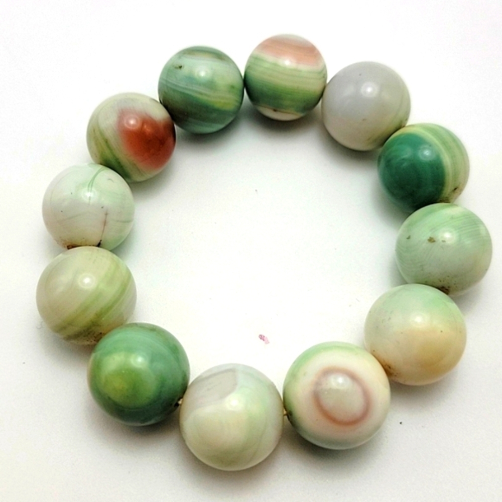Large 18mm Green Cream and Red Ocean Agate Beaded Bracelet Natural Gobi Gemstone